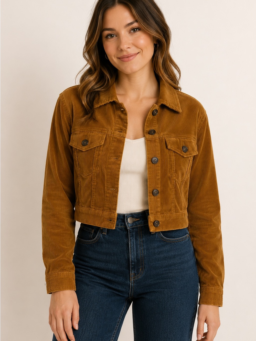 Love Tree Camel Cropped Corduroy Trucker Jacket Small